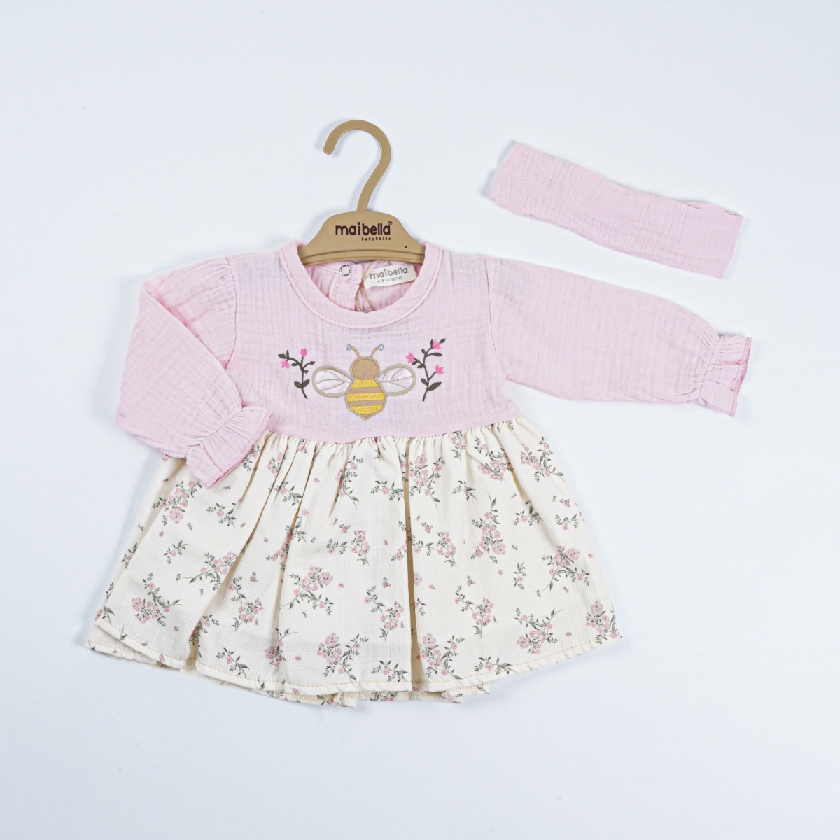 ARI UZUN KOL MÜSLİN ÇİÇEKLİ ELBİSE