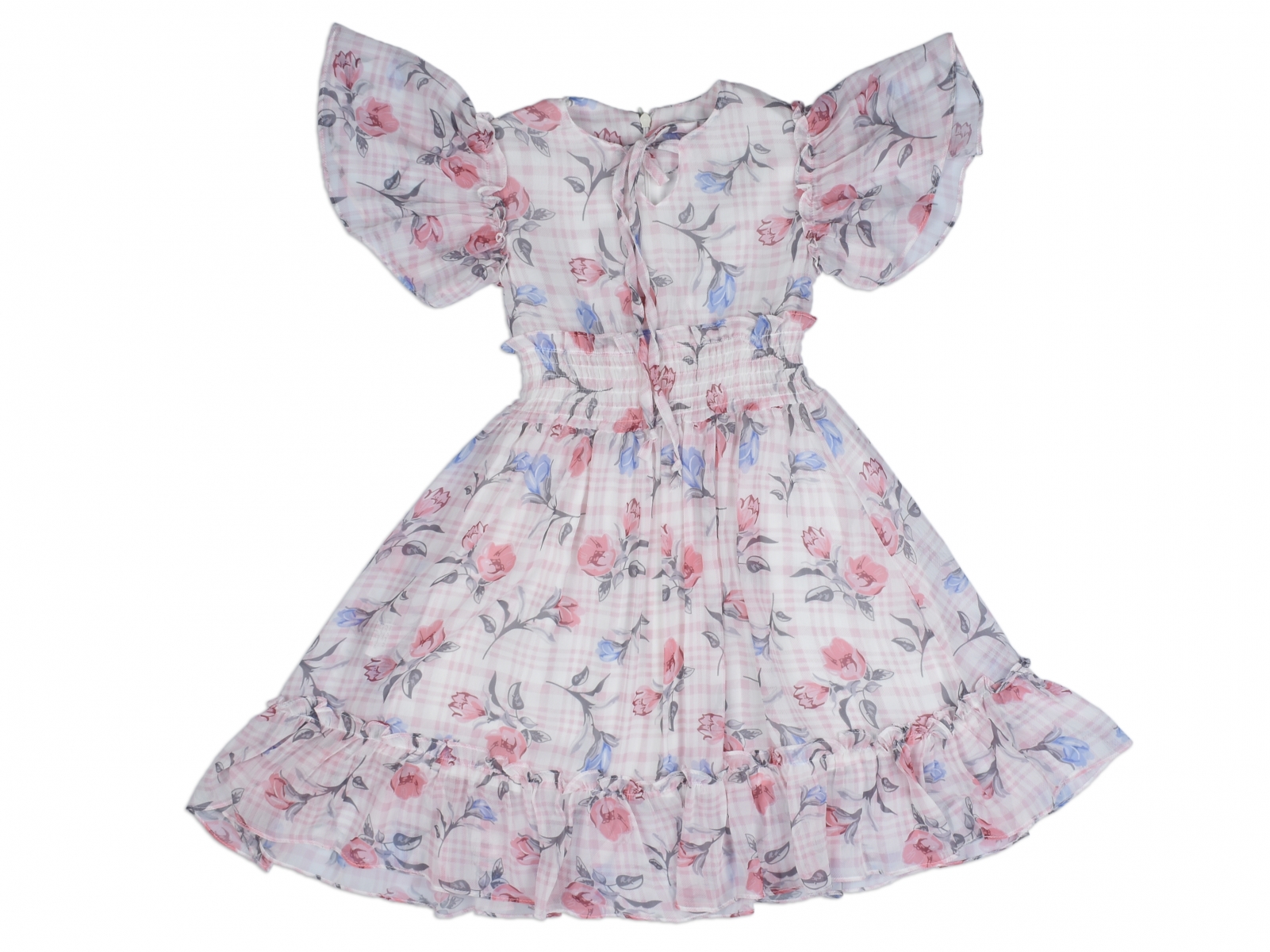 KARELİ ÇİÇEK BEL LASTİKLİ YAKA BAĞLAMALI ÇİÇEKLİ 5-8 ELBİSE