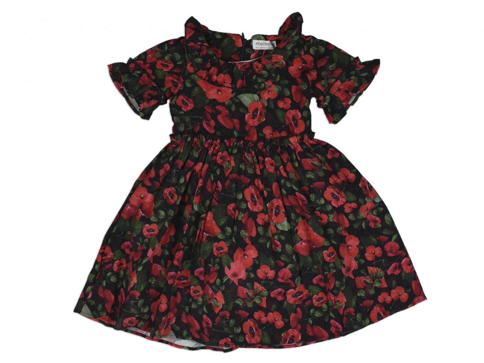 GELİNCİK DESENLİ FIRFIRLI ELBİSE