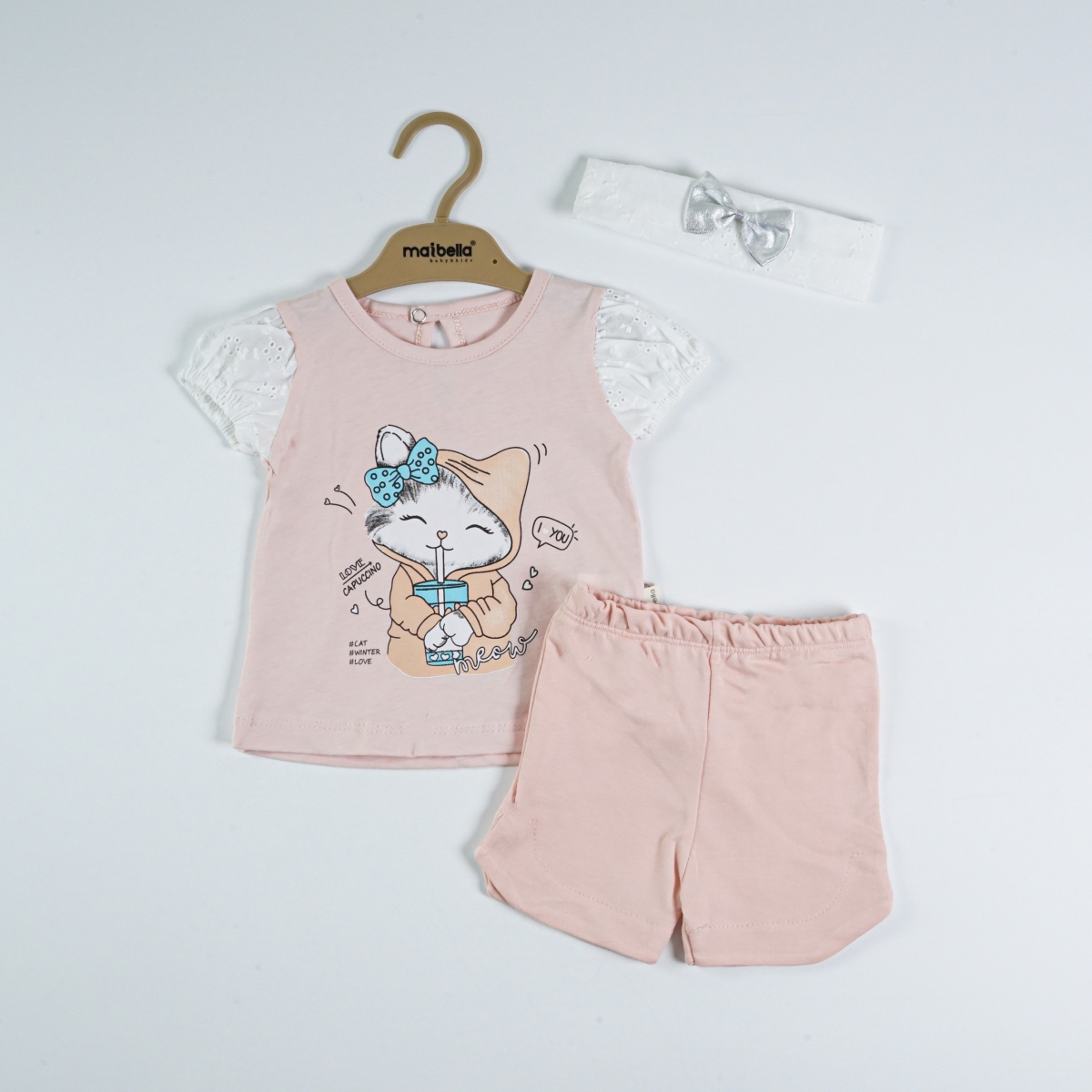 LOVE CAPPUCİNO KEDİ BASKILI BANDANALI 3 LÜ YAZLIK TAKIM