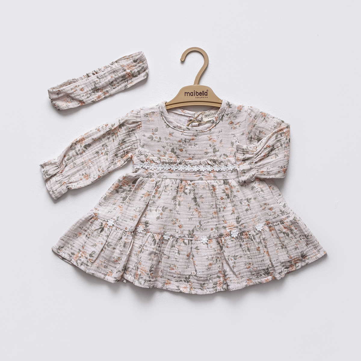 UZUN KOL MÜSLİN ÇİÇEKLİ ELBİSE