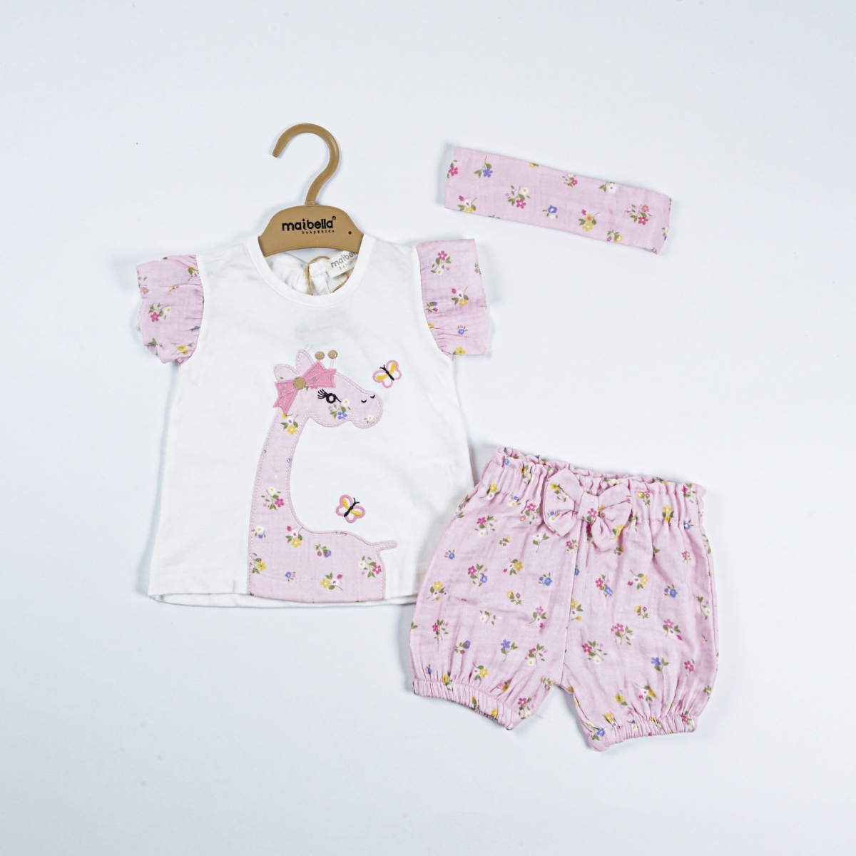 ZÜRAFA NAKIŞLI MÜSLİN ŞORTLU BANDANALI 3 LÜ YAZLIK TAKIM