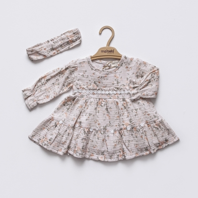 UZUN KOL MÜSLİN ÇİÇEKLİ ELBİSE