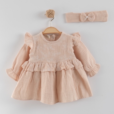 MÜSLİN UZUN KOL ÇİÇEKLİ ELBİSE