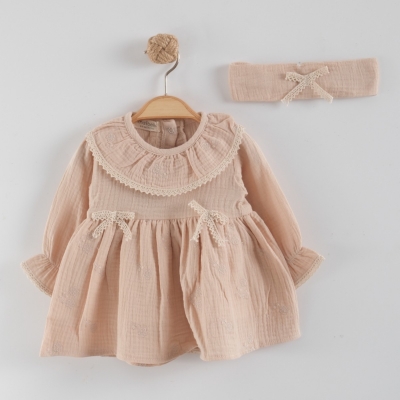 YAKALI NAKIŞLI MÜSLİN ELBİSE