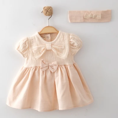 MAİ01-20033 FİYONKLU YAKA MÜSLİN ELBİSE KISA KOLLU