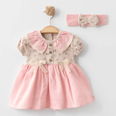 MAİ01-20035 FİYONKLU YAKALI MÜSLİN ELBİSE KISA KOLLU