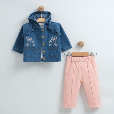 KELEBEKLİ CEPLİ KOT CEKET 3LÜ TAKIM