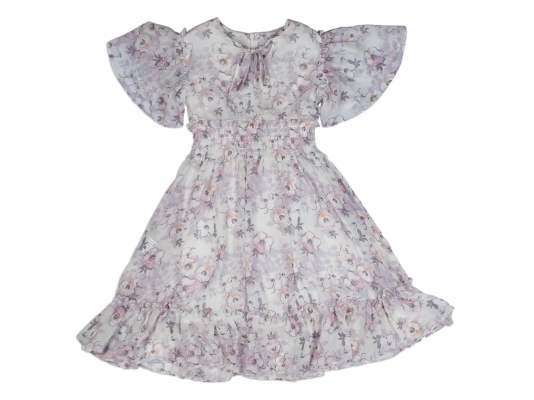 BEL LASTİKLİ YAKA BAĞLAMALI ÇİÇEKLİ 5-8 ELBİSE